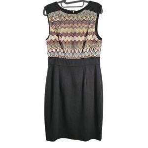Maggy London Black Jacquard Sleeveless Boho Geometric Knee Length Sheath Dress